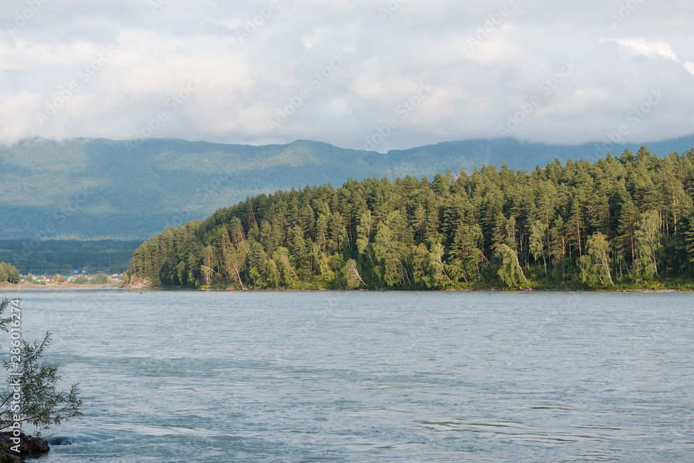 Landscape of Altai Mountains. View of the foothills. The clouds went down to the mountains. The pure wildlife of Altai. View of the Katun River.