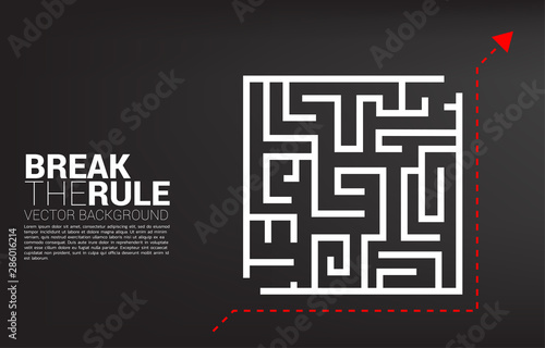 Arrow with route path to go to goal with out enter maze. Business concept for think outside the box and break the rule.