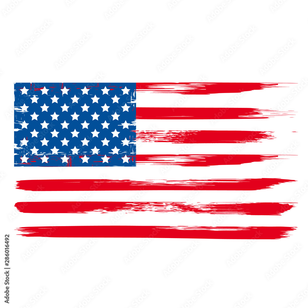 Grunge USA flag with brush stroke isolated on white. National symbol of USA. American patriotic background. Easy to edit vector template for banner, poster, greeting card, t-shirt, etc. Grunge USA flag with brush stroke isolated on white. National symbol of USA. American patriotic background. Easy to edit vector template for banner, poster, greeting card, t-shirt, etc.