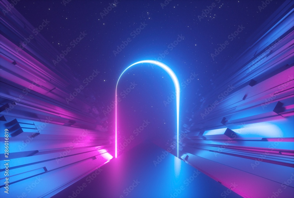 3d render, abstract neon background, pink blue glowing arc, ultraviolet  light, mysterious portal, virtual reality Stock Illustration | Adobe Stock