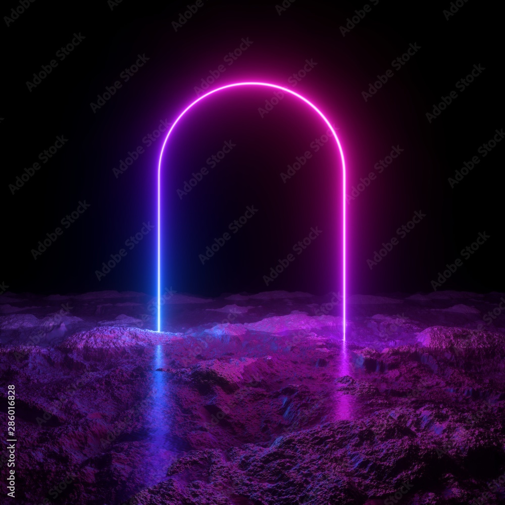 3d render, abstract minimalist background, pink violet blue neon arch, mysterious terrain, strange landscape, line glowing in the dark, ultraviolet light, 80's retro style
