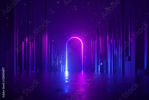 Obraz na plátně 3d render, abstract neon background, mysterious landscape with pink blue glowing