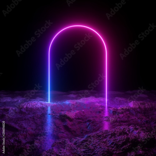 Fototapeta Naklejka Na Ścianę i Meble -  3d render, abstract minimalist background, pink violet blue neon arch, mysterious terrain, strange landscape, line glowing in the dark, ultraviolet light, 80's retro style