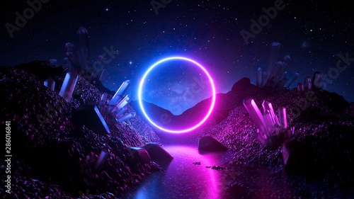 Fotografiet 3d render, abstract neon background, mystical cosmic landscape, pink blue glowin