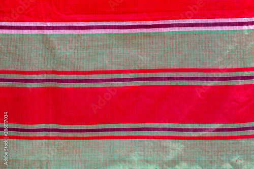 Green, red and white strip cotton Gamcha(Bath towel) Fabrics Close-up.