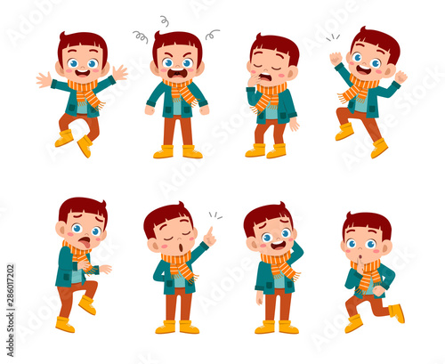 kid expressions wear autumn winter clothing vector