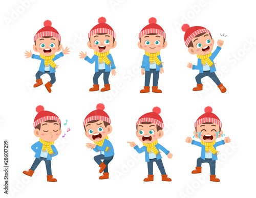 kid expressions wear autumn winter clothing vector