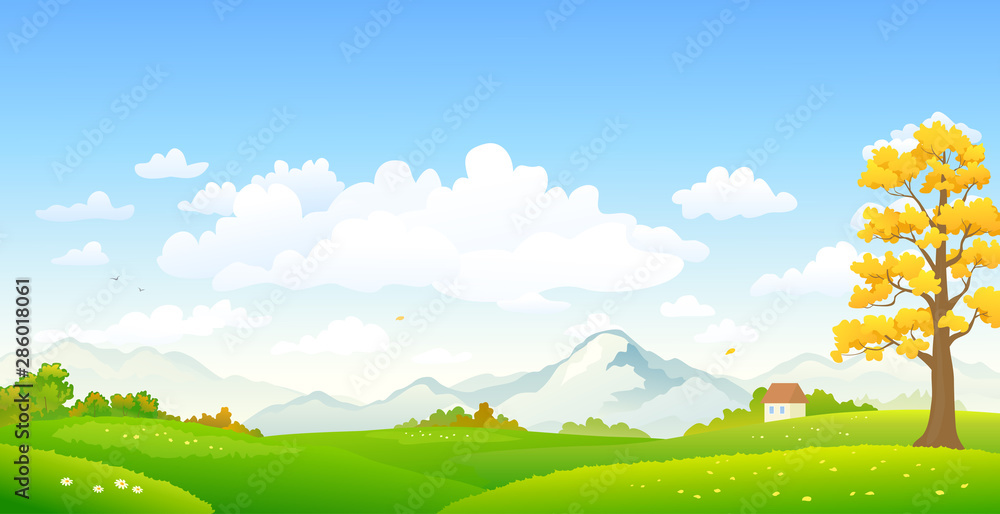 Vector cartoon drawing of a colorful autumn scenery