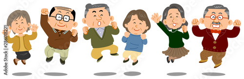 ジャンプするシニアの男女
