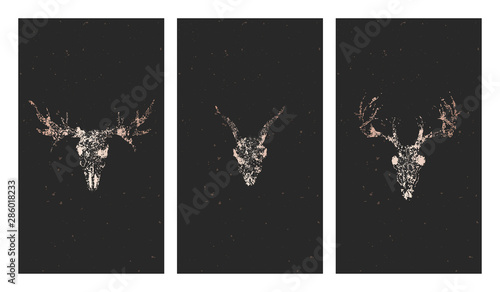 Vector set of three illustrations with gold silhouettes skulls deer, moose and grunge elements on black background.