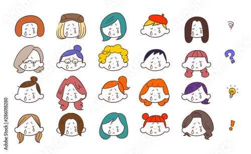 20種類の若い女性の悲しみの表情