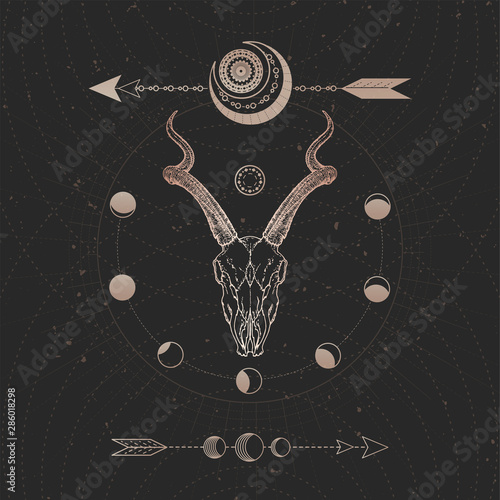 Vector illustration with hand drawn Antelope skull and Sacred geometric symbol on black vintage background. Abstract mystic sign.