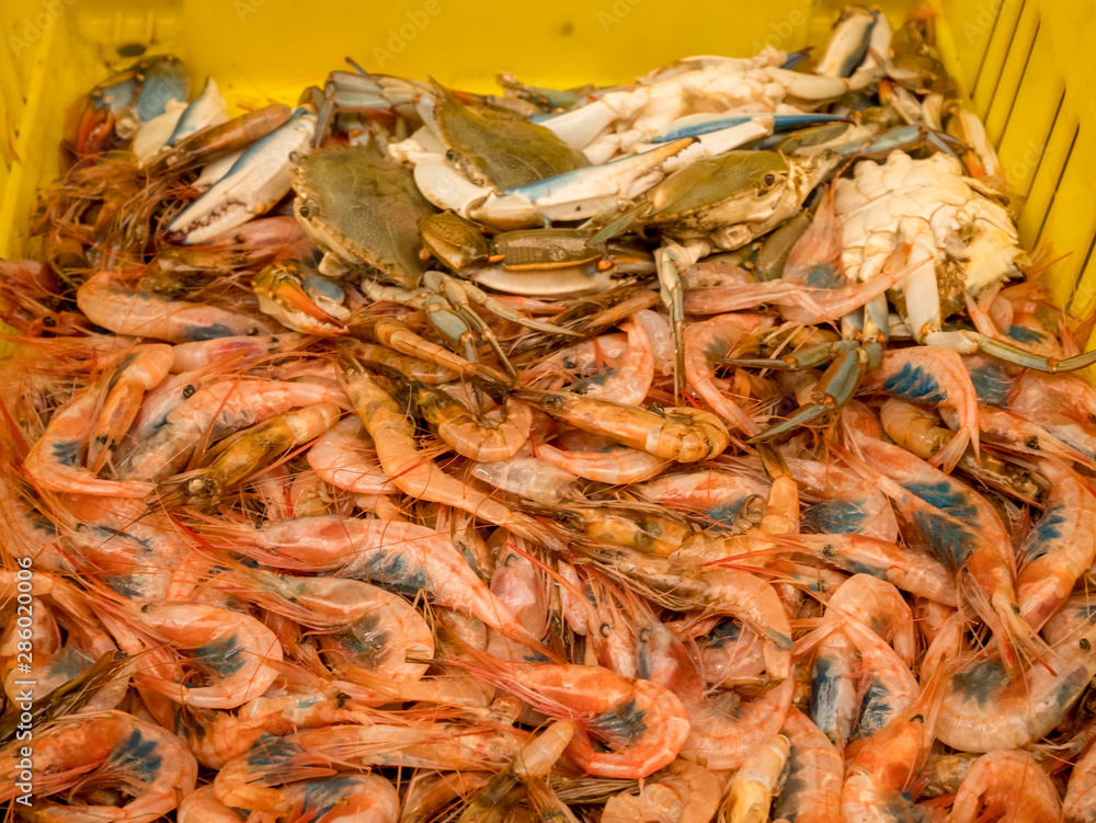 Seafood in Bin for Sell with Shrimp and Crab inside