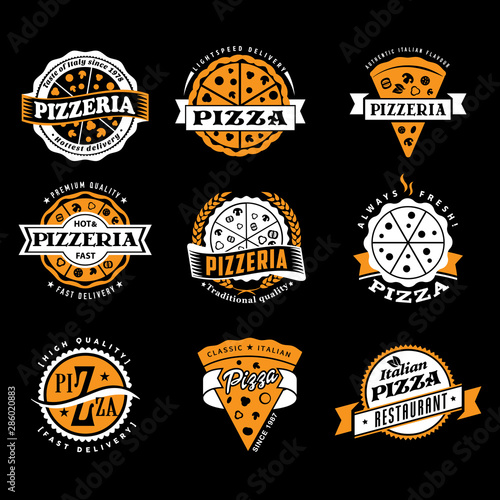Vector pizzeria simple flat pizza logo set