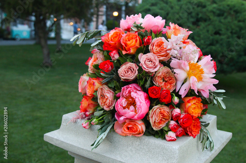 Colorful garden roses wedding flowers bouquet.