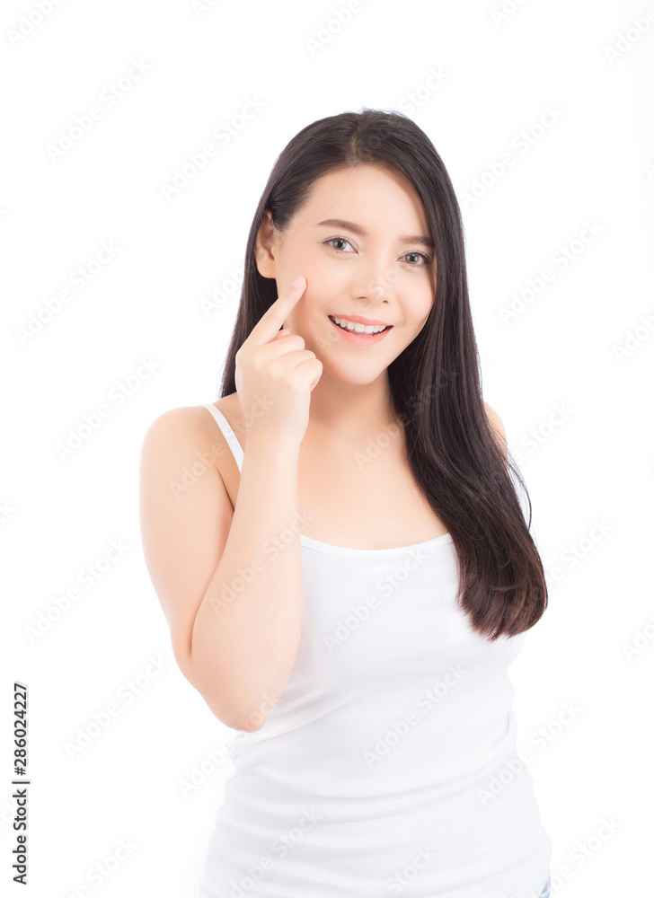 Portrait of beautiful woman asian makeup of cosmetic, girl hand touch cheek and smile attractive, face of beauty perfect with wellness isolated on white background with skin healthcare concept. Portrait of beautiful woman asian makeup of cosmetic, girl hand touch cheek and smile attractive, face of beauty perfect with wellness isolated on white background with skin healthcare concept.