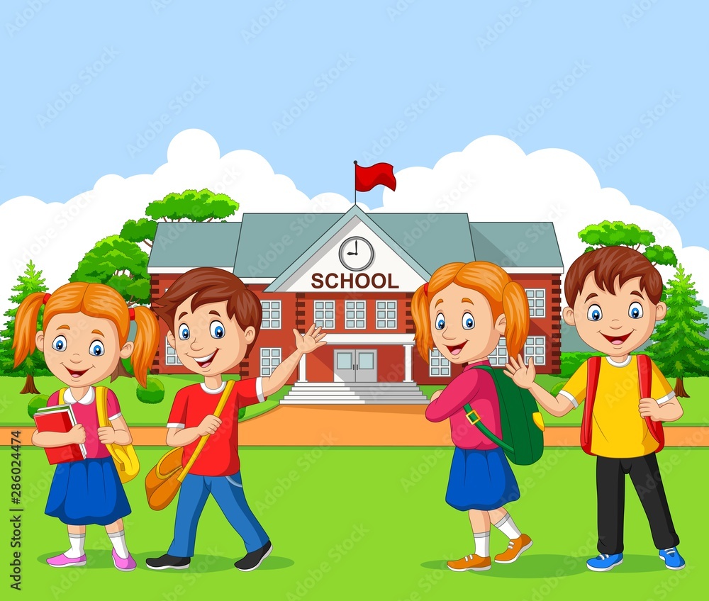Happy school children in front of the school
