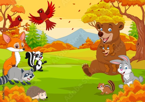 Cartoon wild animals in the autumn forest