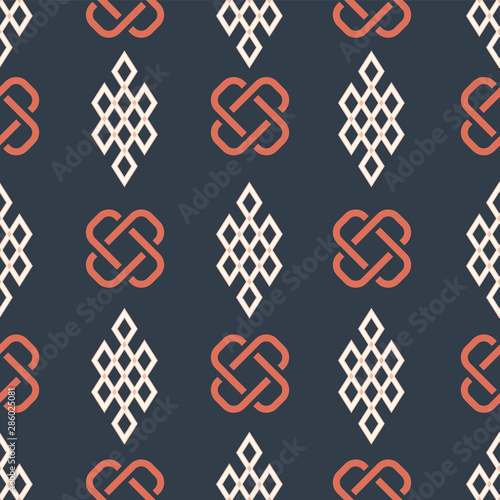 illustration of traditional symbol and ornaments. Seamless repeat pattern.