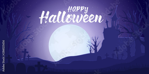 Horizontal Halloween Banner. Vector landscape with dark silhouette of house, tree, graveyard, moons and bats on blue background and text happy halloween