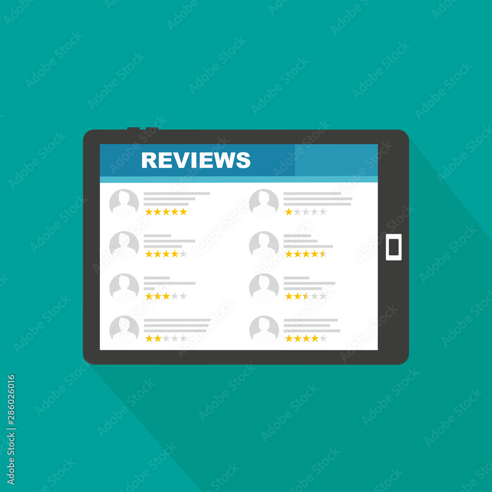 Rating system on tablet screen with stars. Feedback and qualification in chat, social media, marketing, video, market online, photos and email in flat design vector illustration.