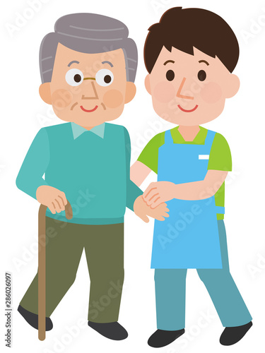おじいさんを介助する男性介護師　イラスト