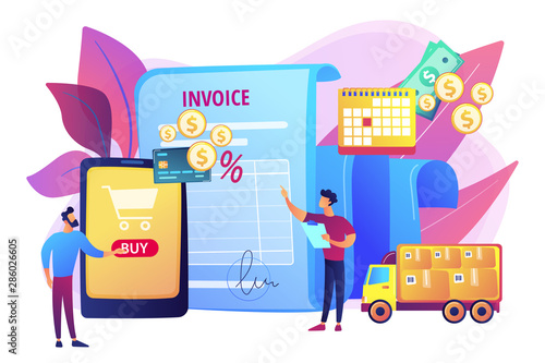 Online shopping application, delivery service, transportation business. Prepayment terms, payment in advance, cash in advance conditions concept. Bright vibrant violet vector isolated illustration