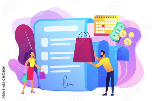 Installment purchase offer, shopping business, convenient customer service. Deferment of payment, net payment terms, buy now pay later concept. Bright vibrant violet vector isolated illustration
