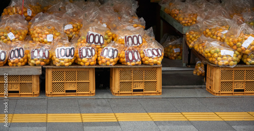 A counter with tangerines in the fall. Wakayama. Japan photo