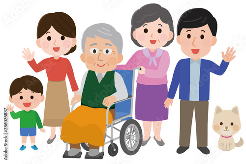 車椅子の祖父　三世代家族　イラスト