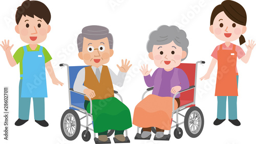 車椅子のおじいさんおばあさんを介助する介護士たち イラスト Stock Vector Adobe Stock