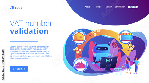 Artificial intelligence, ai calculating taxation multiplier. Value added tax system, VAT number validation, global taxation control concept. Website homepage landing web page template.