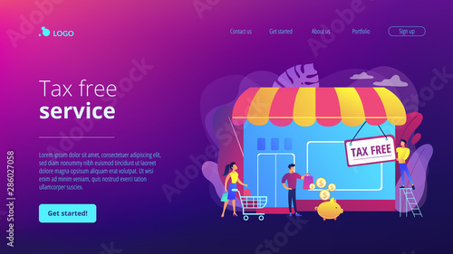 Opening new business, startup without taxation. Tax free service, VAT free trading, refounding VAT services, duty free zone concept. Website homepage landing web page template.