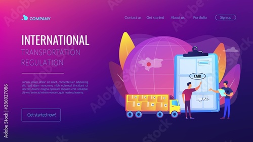 Worldwide logistics and distribution contract. Road transport documents, CMR transport document, international transportation regulation concept. Website homepage landing web page template.