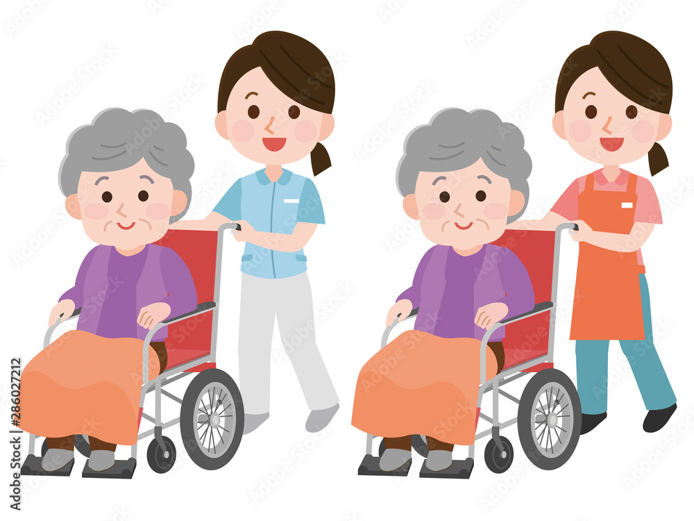 車椅子のおばあさんを介助する女性介護士 イラスト