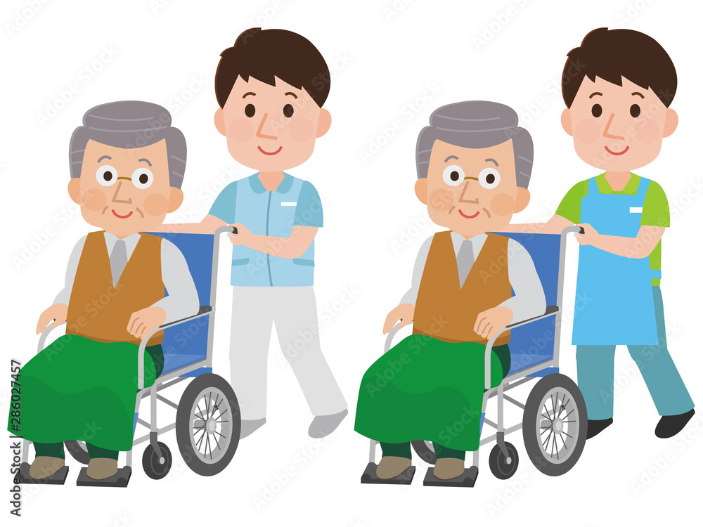 車椅子のおじいさん 介助する男性介護士 イラスト Stock Vector Adobe Stock
