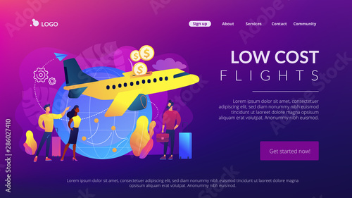 Cheap tickets for air transportation. Cost-efficient last minute flight offers. Economy class airlines for tourists, travelers with limited budget.Website homepage landing web page template.