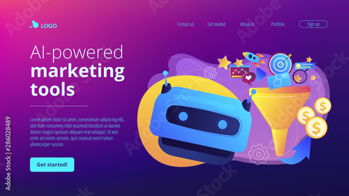 Marketing funnel, lead generation, SMM strategy. AI-powered marketing tools, AI e-commerce search, AI customer recommendations concept. Website homepage landing web page template.