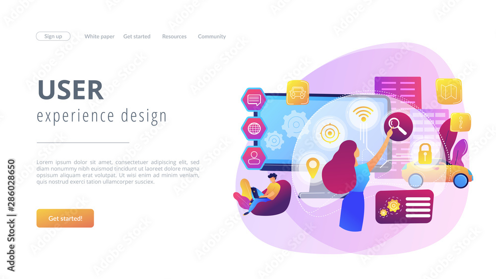People interacting with technology. Smart, user-oriented design. Intelligent user interface, usability engineering, user experience design concept. Website homepage landing web page template. People interacting with technology. Smart, user-oriented design. Intelligent user interface, usability engineering, user experience design concept. Website homepage landing web page template.