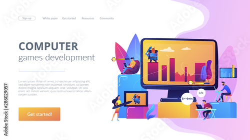 Gaming industry startup, company. Programmers work on videogame. Computer games development, video game programming, game design experience concept. Website homepage landing web page template.