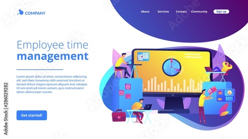 Work performance on schedule. Staff discipline. Time and attendance tracking system, office time tracking, employee time management concept. Website homepage landing web page template.