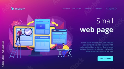 Digital technology. Search engine optimization. Website constructor. Microsite development, small web page, microsite web design concept. Website homepage landing web page template.