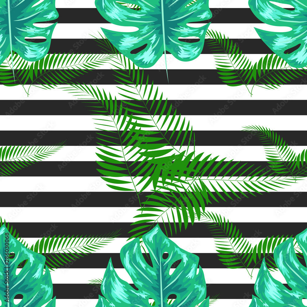 Fototapeta Summer Design for Swimwear. Exotic Palm Greenery Backdrop. Monstera Seamless Pattern.