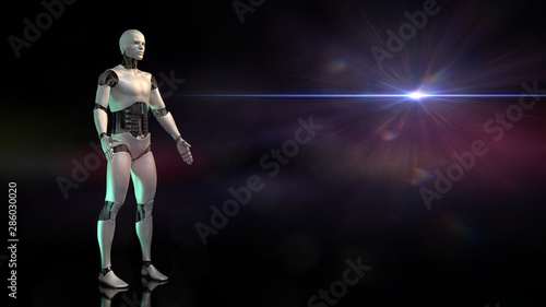 robot, artificial intelligence in front of a dark background presenting an empty space  © dottedyeti