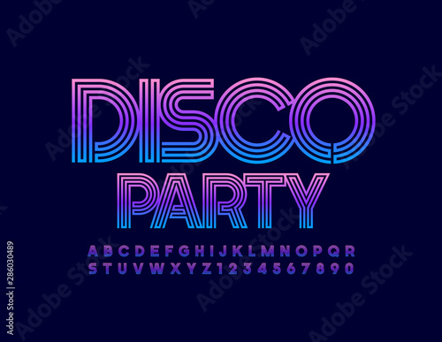 Vector bright Emblem Disco Party. Colorful Uppercase Font. Modern Alphabet Letters and Numbers