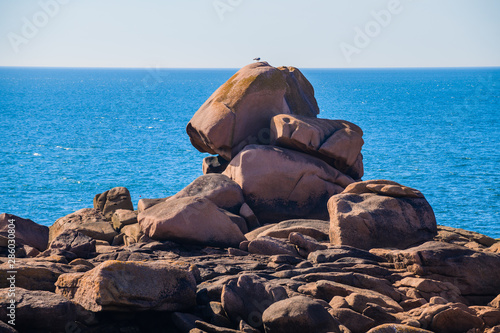 Seascape with huge pink granite boulders near Plumanach. The coast of pink granite is a unique place in Brittany. France photo