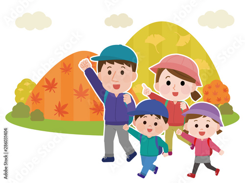 家族　秋の山　ハイキング　イラスト02
