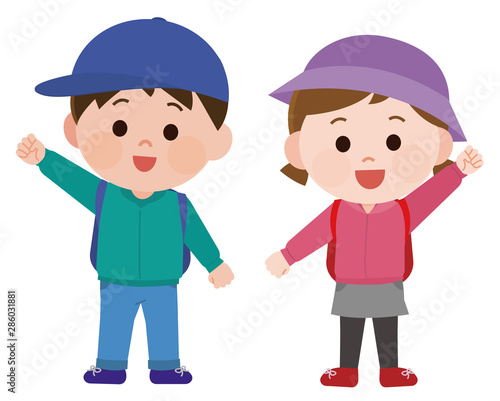 男女子供　全身　ハイキング　イラスト