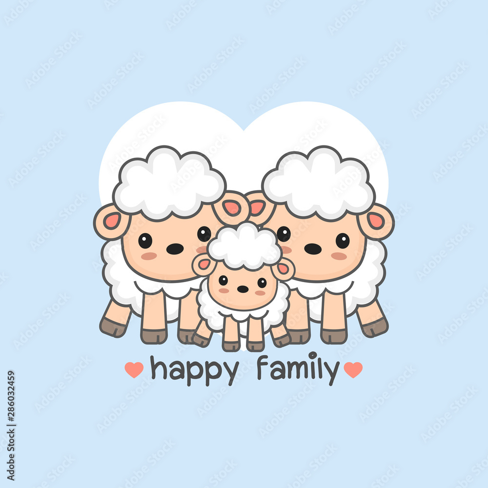 Happy sheep family. Mom dad and baby sheep cartoon. Happy sheep family. Mom dad and baby sheep cartoon.
