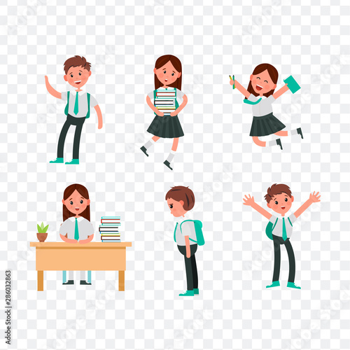 cute children go to school. student with a bag, books, pencils returns to school. Set school kids. big set of girls and boys with school supplies. collection of children of different nationalities